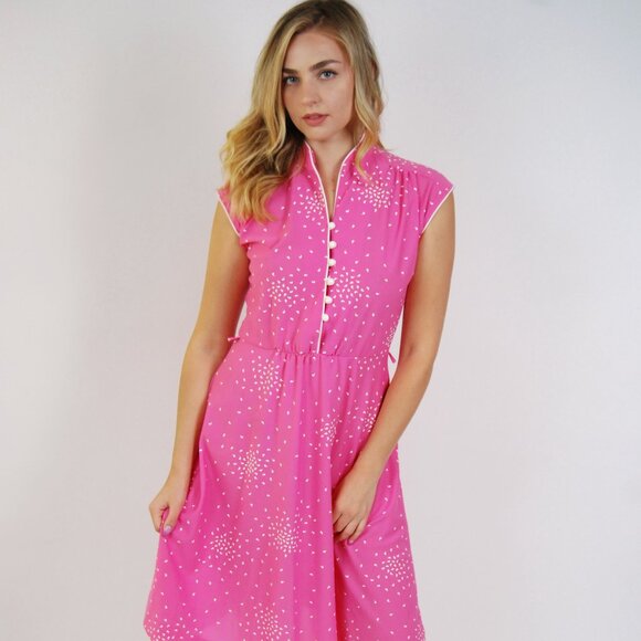 60s Pink Swing Dress (M) hot button up mandarin collar medium midi vintage mod - Picture 1 of 8